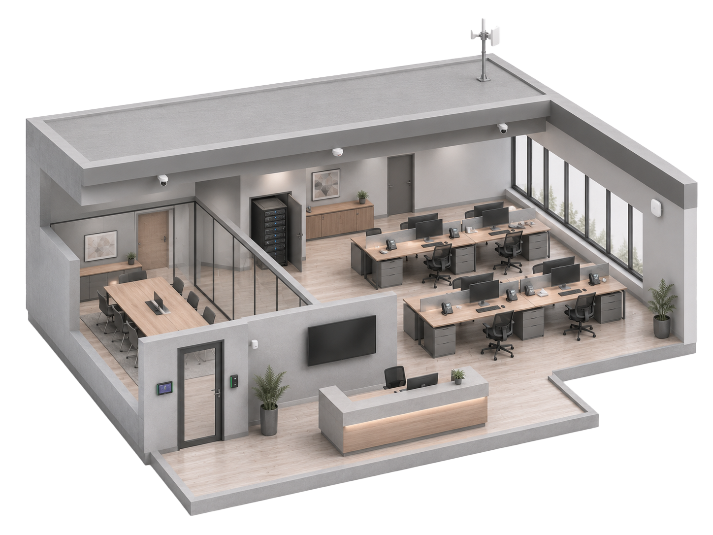 Illustration of an example Office installation, with each device labelled